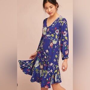 Anthropologie Maeve Maplewood Blue Floral Print Long Sleeve